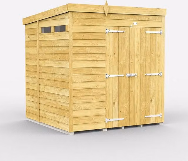 Buttercup Farm Pent Security Wood Shed with Double Doors in Brown, W: 214 cm, D: 214 cm, H: 201 cm – 1