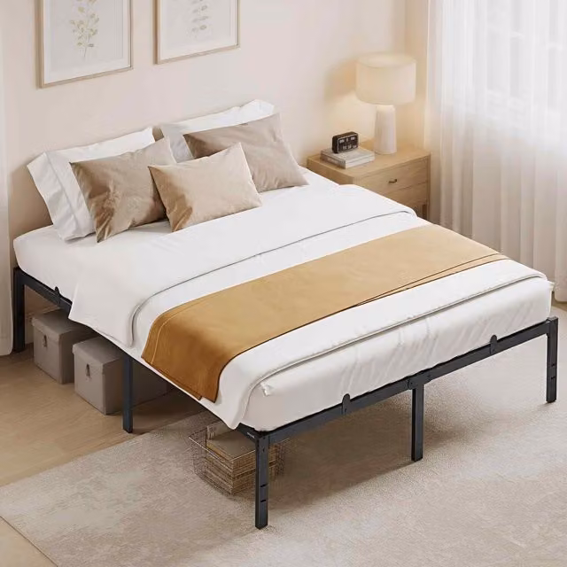 The Bazaarist Modern Metal Bed Frame with Side Compartments and Bedside Shelf in Black, 180 x 200 cm