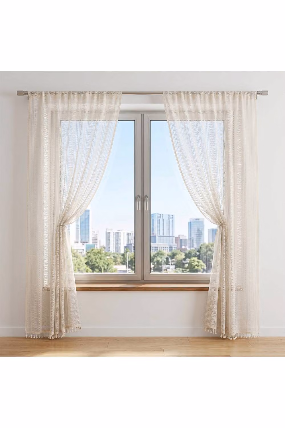 Living and Home 2 Panels Semi-sheer Lace Curtains with Tassels in Beige, Width: 140 cm, Drop: 229 cm – 2