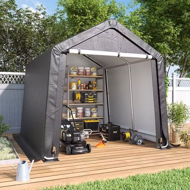 Lifeideas Grey Galvanised Steel Tube Frame Storage Shed with Roll-Up Door, W/D/H: 240 x 240 x 230 cm