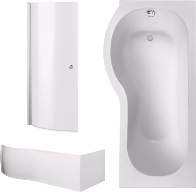 Balterley P Shape Left Hand Shower Bath Set with Panel and Screen, White