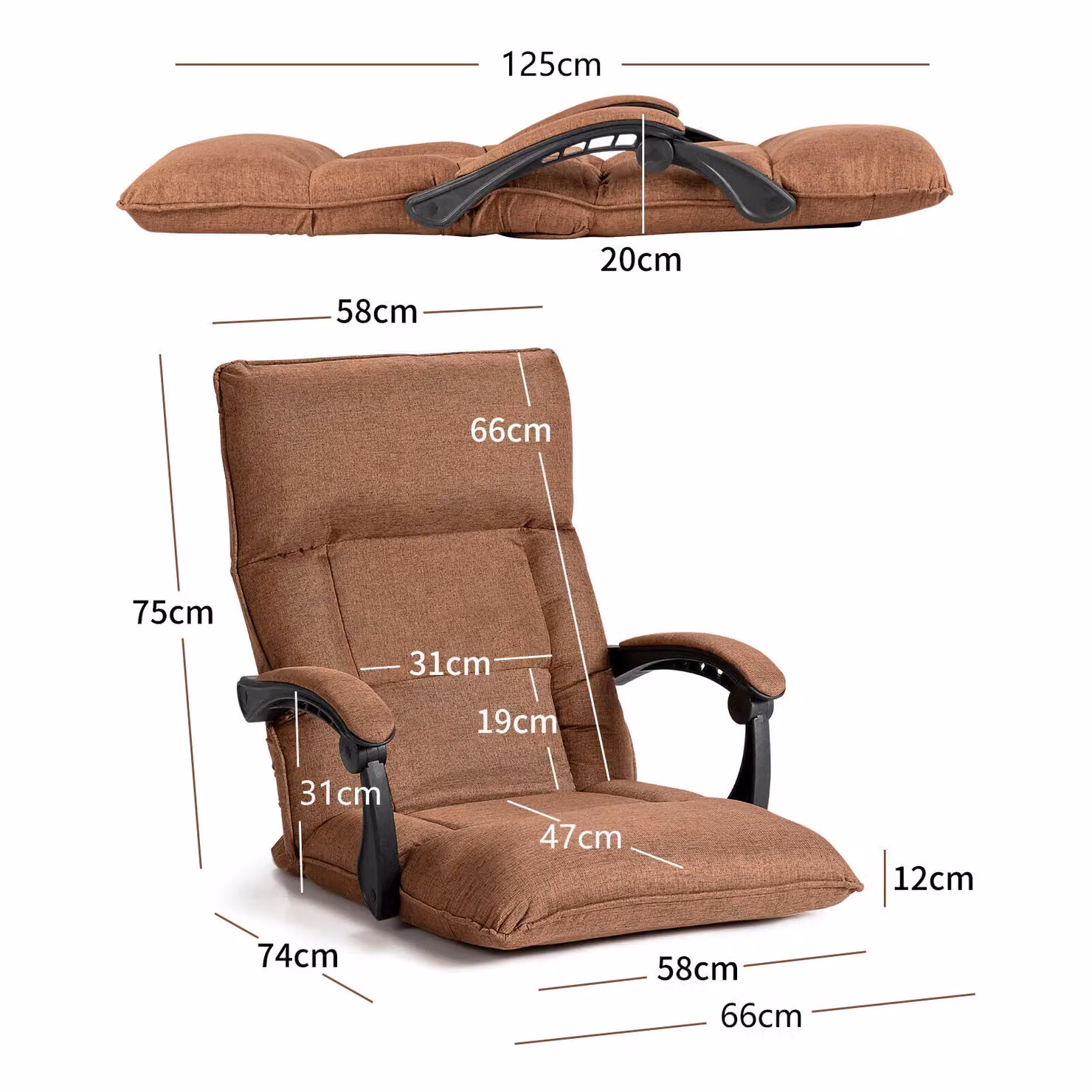 Costway Adjustable Dark Brown Fabric Gaming Floor Chair with Linkage Armrests and Headrest – 2