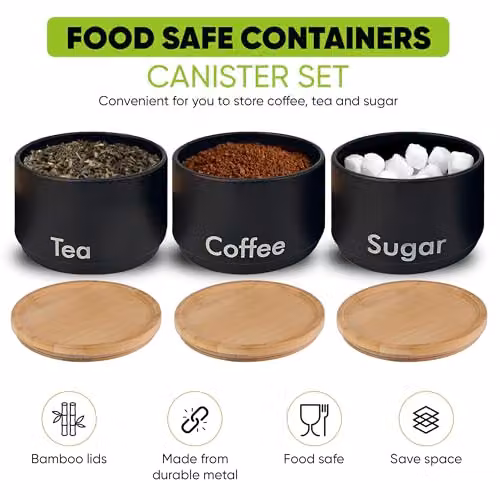 MantraRaj 3-Piece Black Metal Tea, Coffee and Sugar Canister Set with Airtight Bamboo Lids – 3
