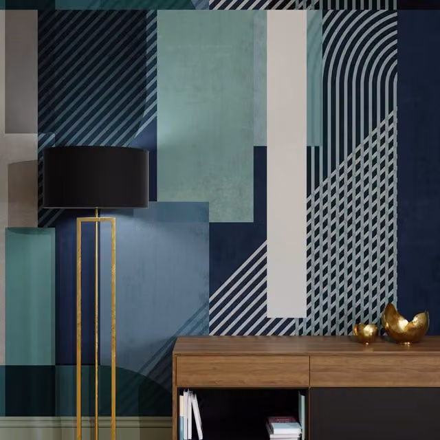 Superfresco Easy Geometric Graphic Mural in Navy, Green and Petrol, W: 300 cm, H: 280 cm