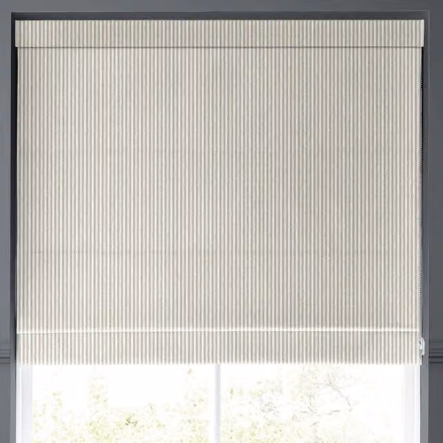 Emily Bond Oscar Stripe Made to Measure Blackout Roman Blind in Pebble Grey and Beige