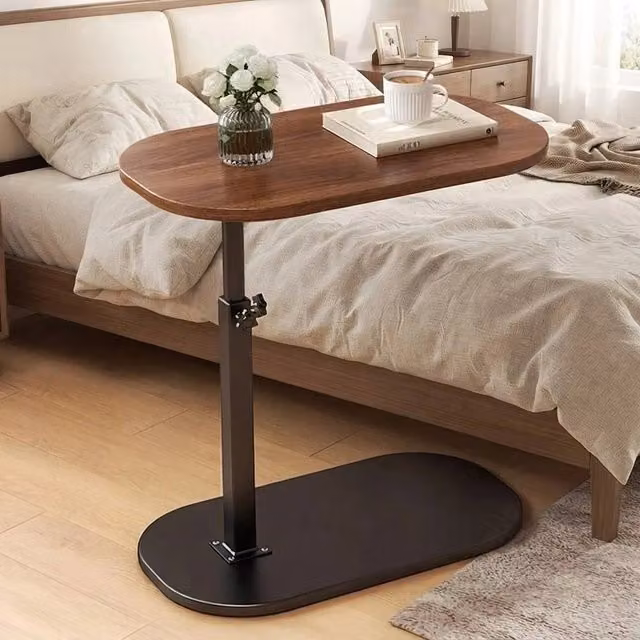 FORGEVIO Modern C-Shaped Compact Sofa Side End Table in Brown with Height-Adjustable Wood and Metal Frame