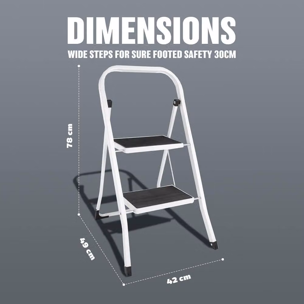 BARGAINS-GALORE 2 Step Foldable Steel Stepladder with Non-Slip Treads in White – 3