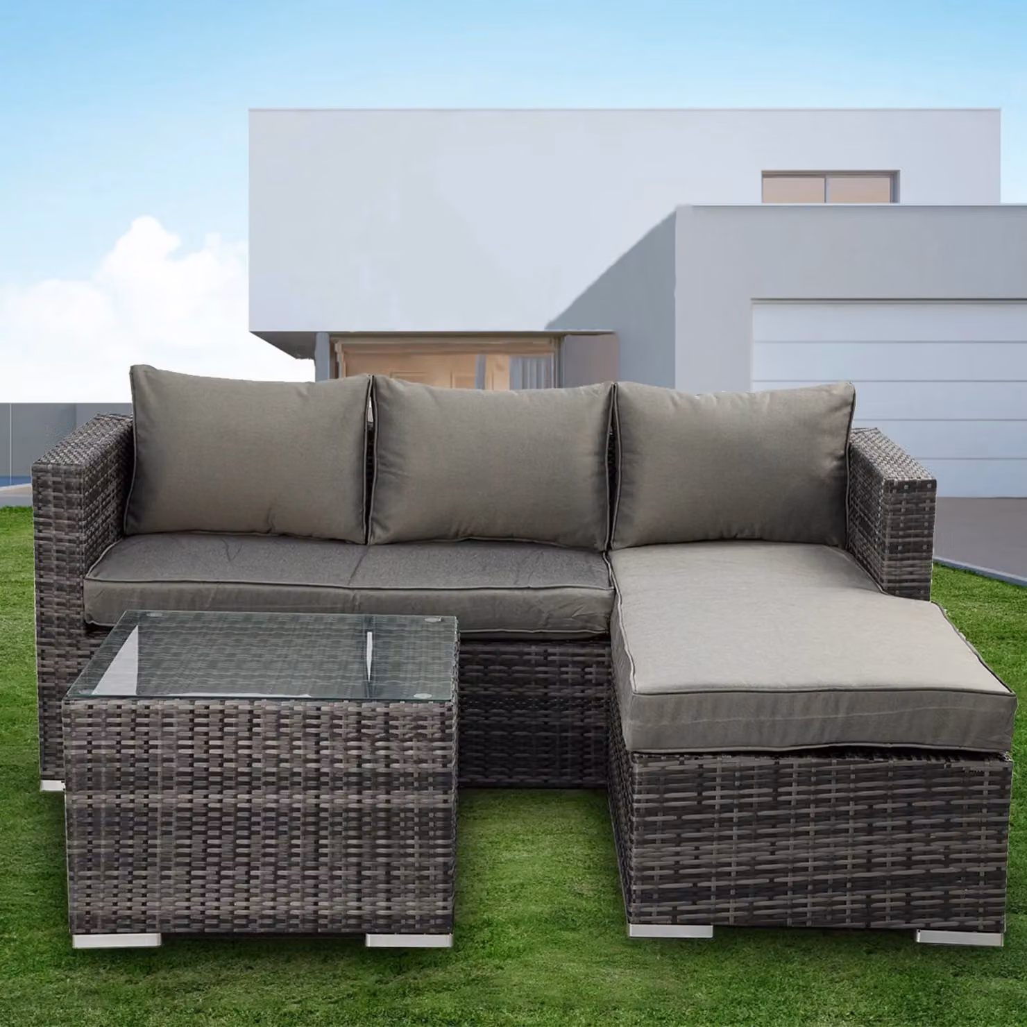 FURNITURE ONE 3 Piece L-Shaped Rattan Garden Corner Sofa Set with Tempered Glass Table in Grey – 7