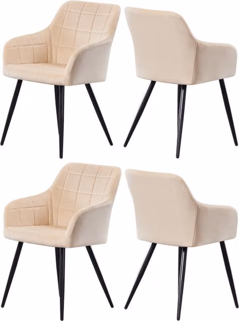 Life Interiors Set of 4 Camden Modern Velvet Dining Chairs with Armrests and Black Metal Legs in Cream