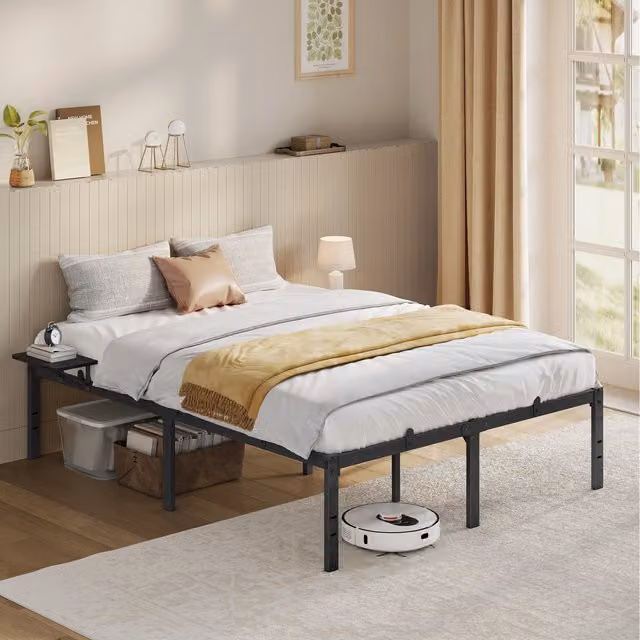 VASAGLE Modern Metal Double Bed Frame with Integrated Bedside Shelves, Black, 140 x 200 cm