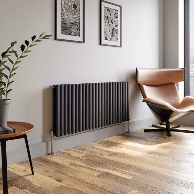 Temprazo Horizontal Oval Tube Double Panel Designer Radiator in Anthracite Grey, W: 144 cm, H: 60 cm, D: 7.9 cm