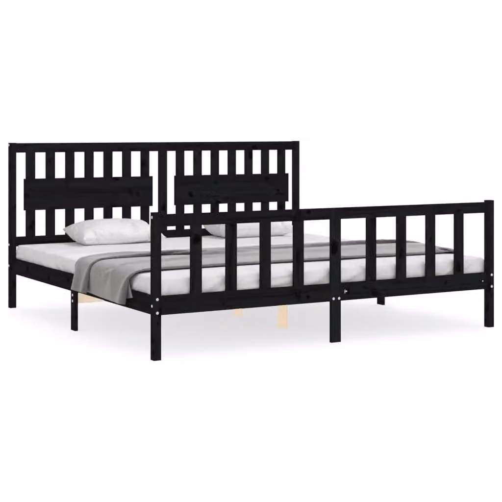 Berkfield Home Solid Wood Pine Bed Frame with Headboard in Black, 200 x 200 cm – 2