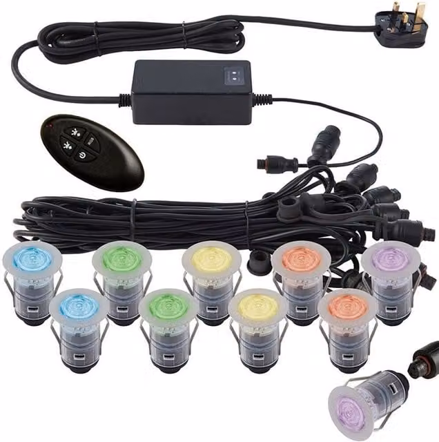 Loops RGB Colour Changing Decking Plinth Light Kit, 10x 45mm IP67 Outdoor Recessed LED Lamps in Silver and Multicolour