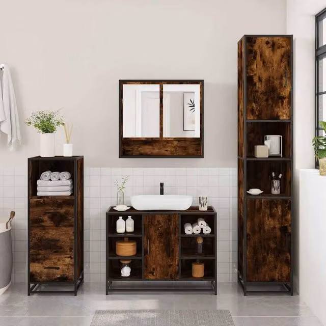 Berkfield Home 3 Piece Industrial Bathroom Furniture Set in Brown Smoked Oak – 1
