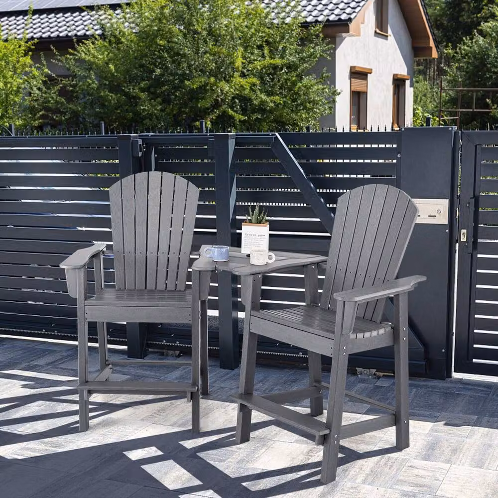 Gymax Grey Adirondack Chair Set with Double Barstools and Middle Connecting Tray – 3