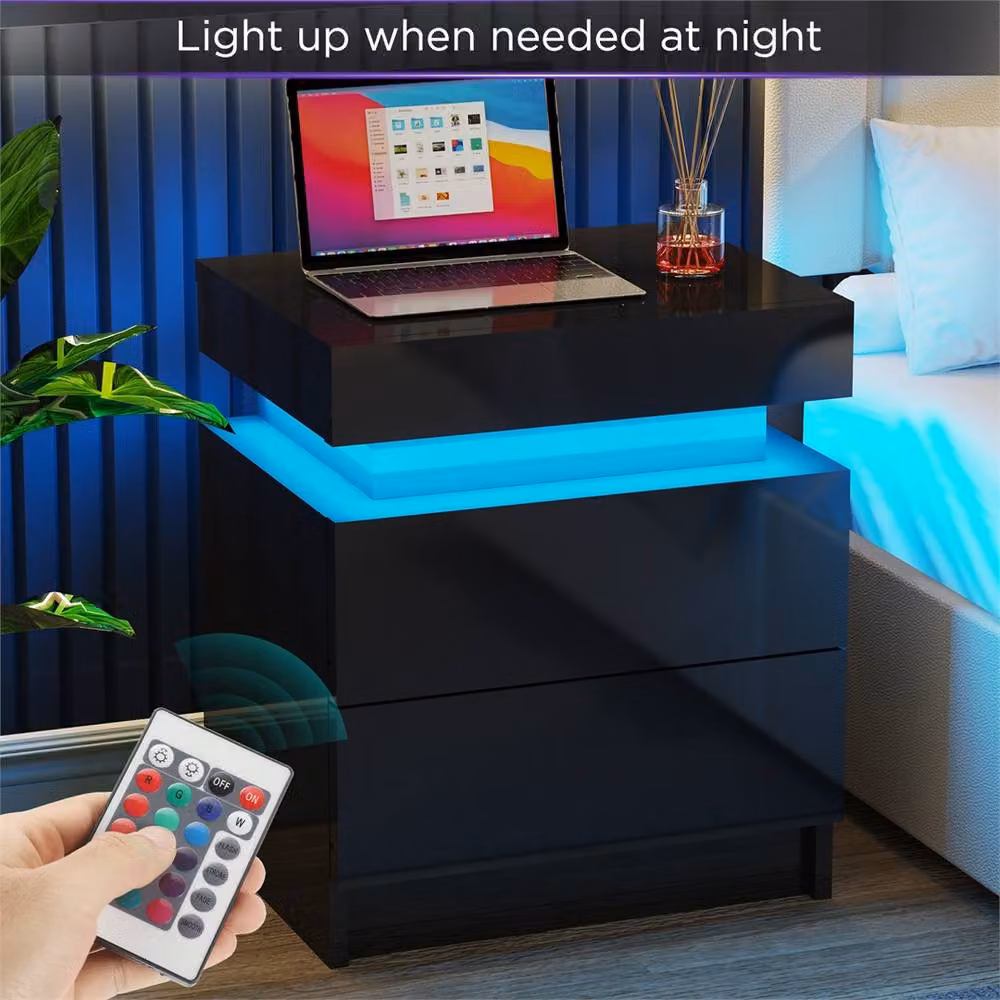 FORGEVIO RGB LED Bedside Nightstand with 2 Drawers, Black – 5