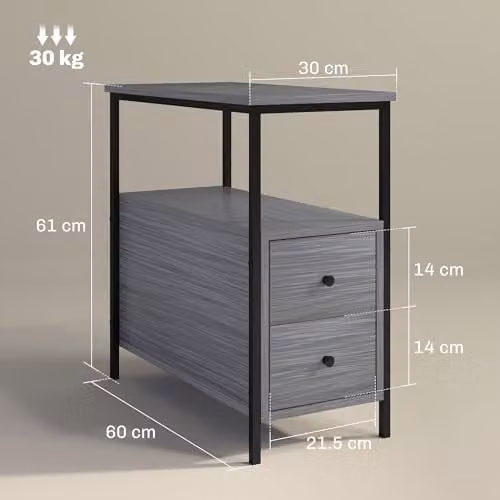 HOMCOM Industrial Side Table with 2 Drawers and Storage Shelf, Grey and Black – 3