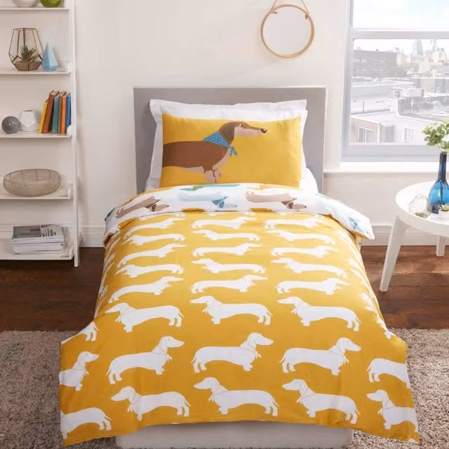 Rapport Home Sausage Dog Reversible Single Duvet Cover and Pillowcase Set in Multicolour and Yellow