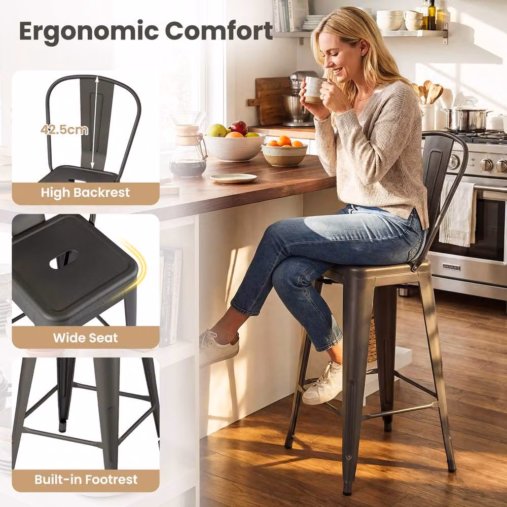 Costway Modern Grey Metal Counter Height Barstools with Backrests and Footrests – 6
