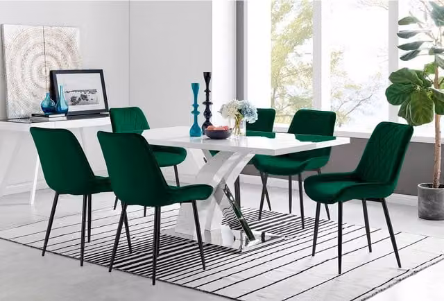 FurnitureboxUK Atlanta 6 White Rectangular Dining Table and 6 Pesaro Black Leg Chairs in Green