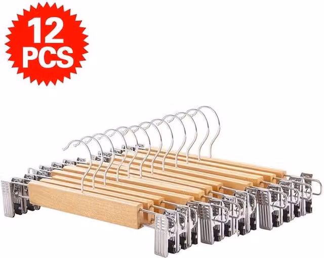 FLAVORA 12 Pack Natural Brown Wooden Trouser and Skirt Hangers with Clips and Bar – 1