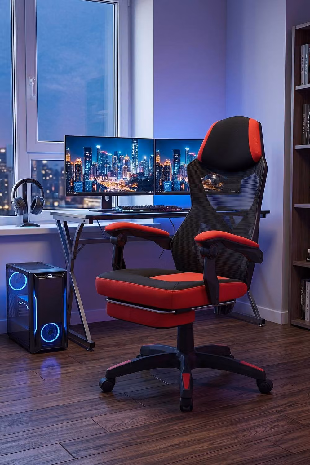 Living and Home Ergonomic High Back Gaming Office Chair with Footrest, Red and Black Fabric – 2