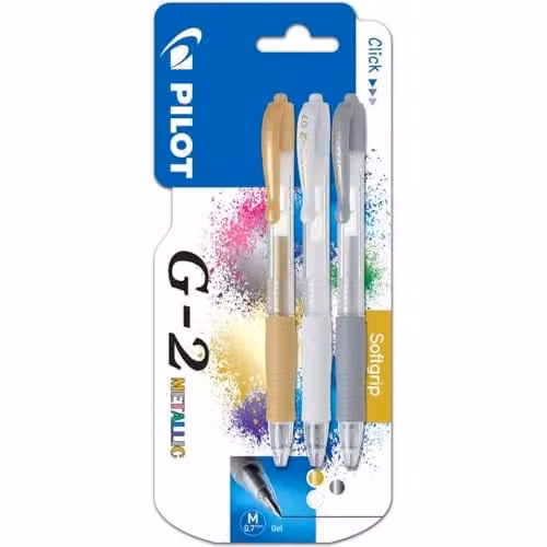 Pilot G-207 Retractable Gel Rollerball Pens, Medium Line, Triple Blister Pack in Gold, Silver and White