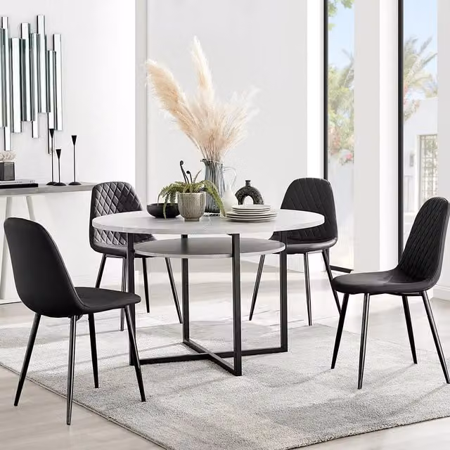 FurnitureboxUK Adley Grey Concrete Effect and Black Round Dining Table with Shelf and 4 Corona Faux Leather Dining Chairs – 1