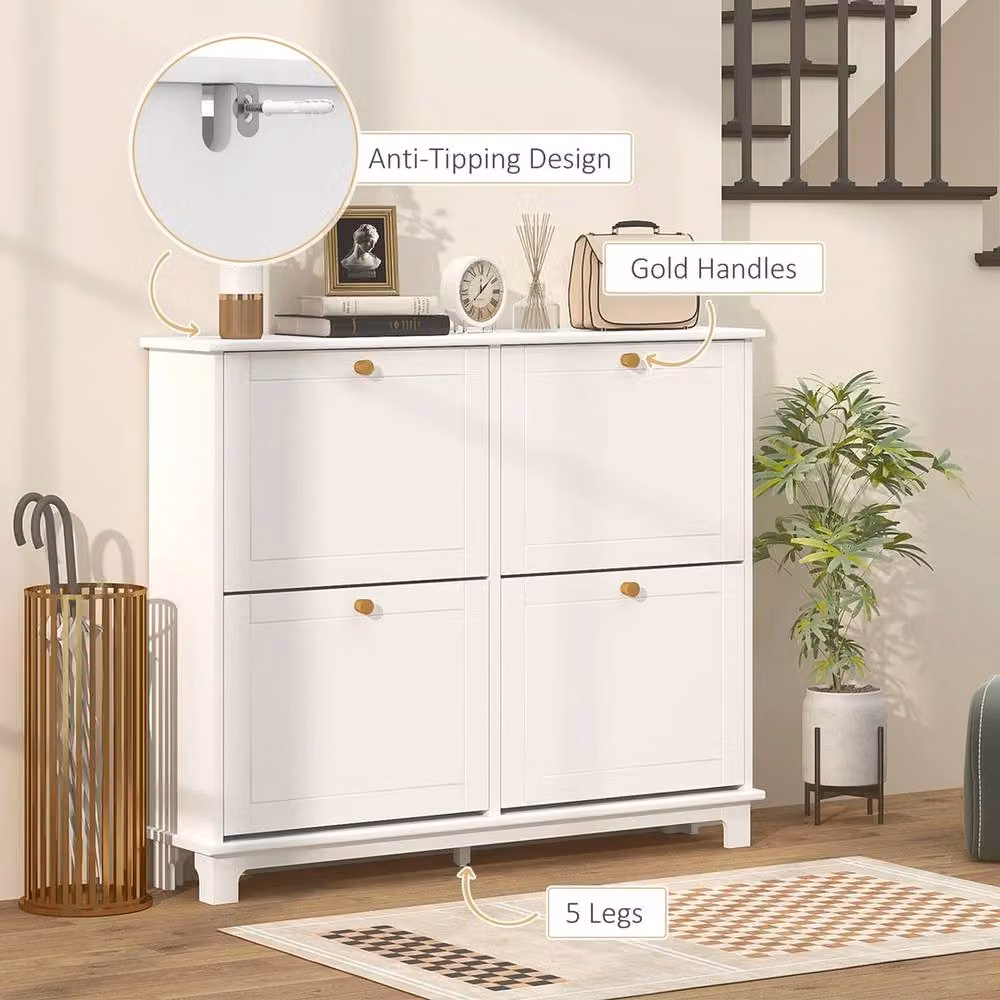 NESTLUNE Modern White and Gold Shoe Cabinet with 4 Tilting Compartments and Internal Shelves, W: 100 cm, D: 15 cm, H: 87 cm – 2