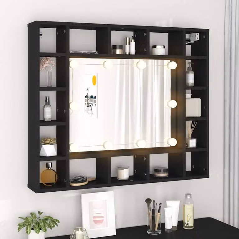 Berkfield Home LED Mirror Cabinet in Black, W/D/H: 91 x 15 x 76.5 cm