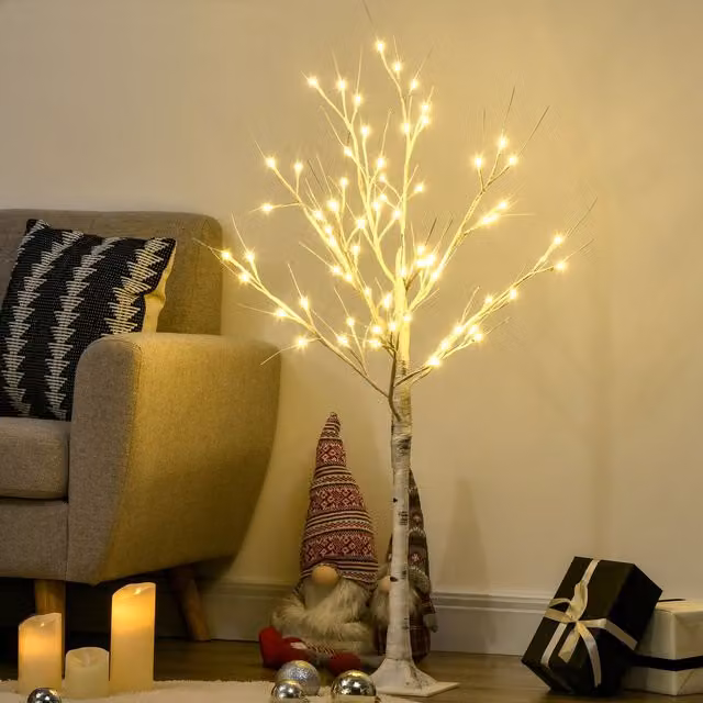 HOMCOM 4ft Artificial White Birch Tree with 72 Lights in White – 1