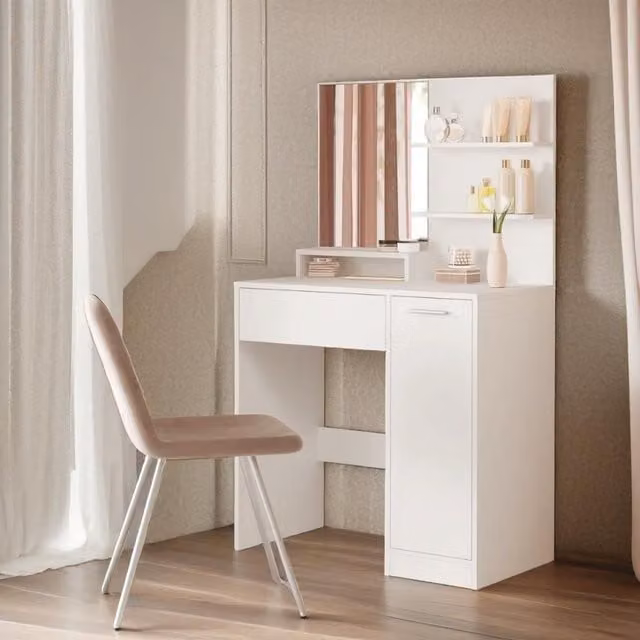 Rafaelo Mobilia Modern White Glossy Dressing Table with 1 Drawer and 2 Shelves