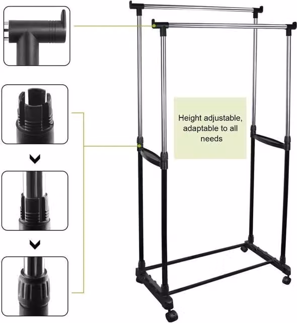 NESTLUNE Double Adjustable Mobile Garment Rack in Matt Black