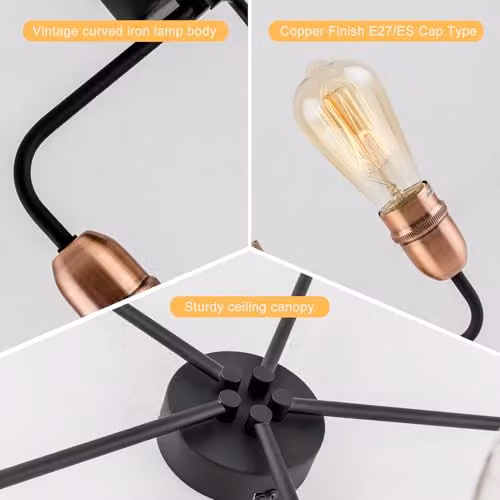 Harper Living 5-Light Semi Flush Ceiling Light in Black and Copper Finish, Dimmable Industrial Chandelier with E27 Bulb Cap – 2