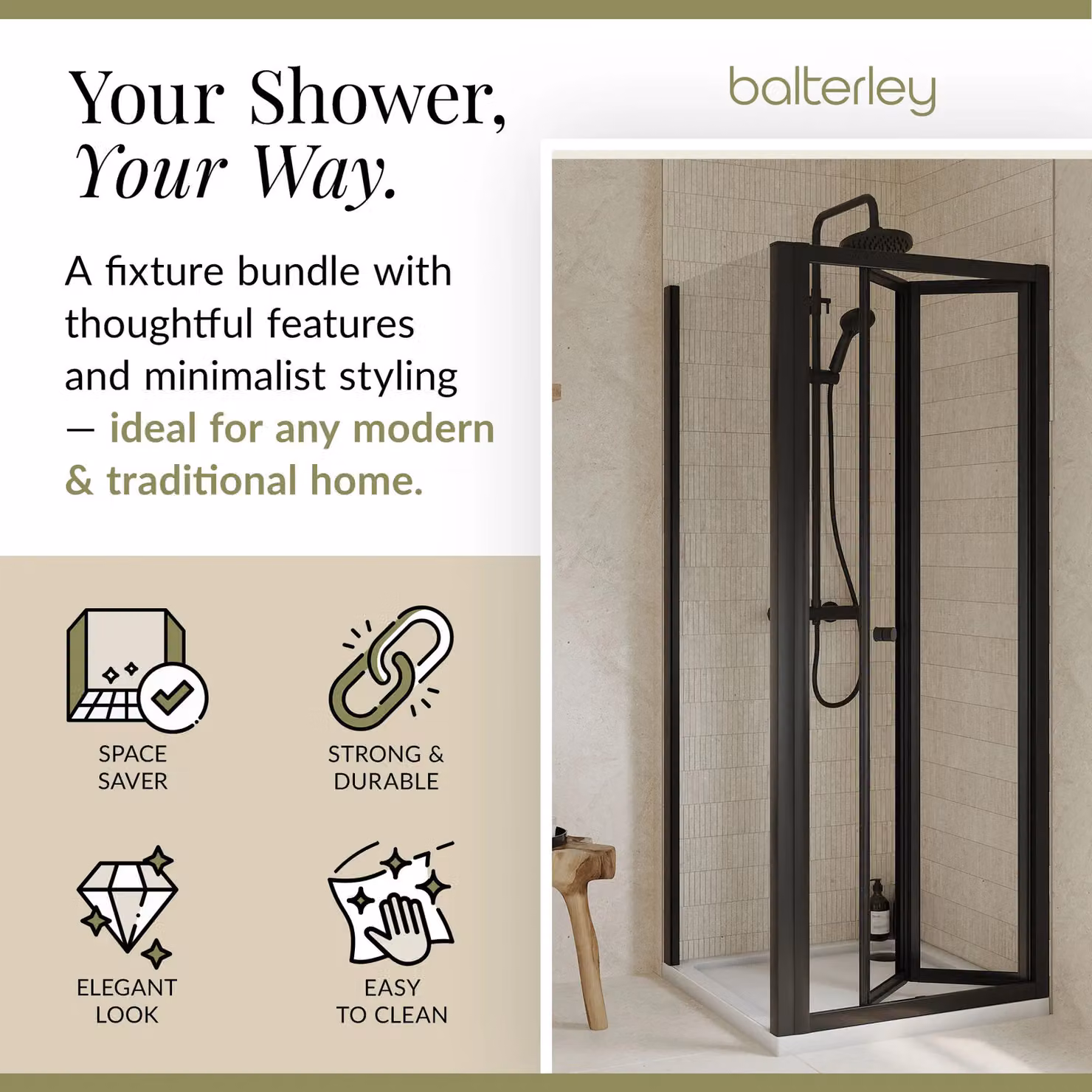 Balterley Ruwa Square Corner Shower Enclosure with Bi-Fold Door, Side Panel and Tray in Black, W/D: 76 x 76 cm, H: 190 cm – 2
