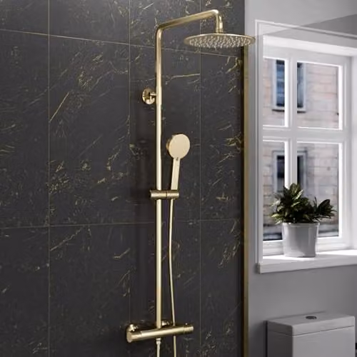 Nes Home Brushed Brass Round Exposed Thermostatic Shower Kit with Overhead Shower and Hand Shower