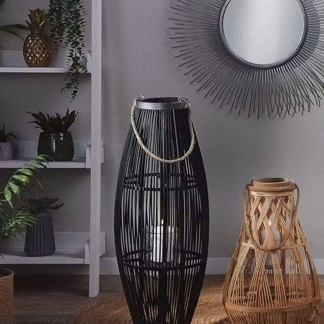 Wyld and Coco Willow Lantern in Black, Bamboo and Glass, Height: 84 cm – 1