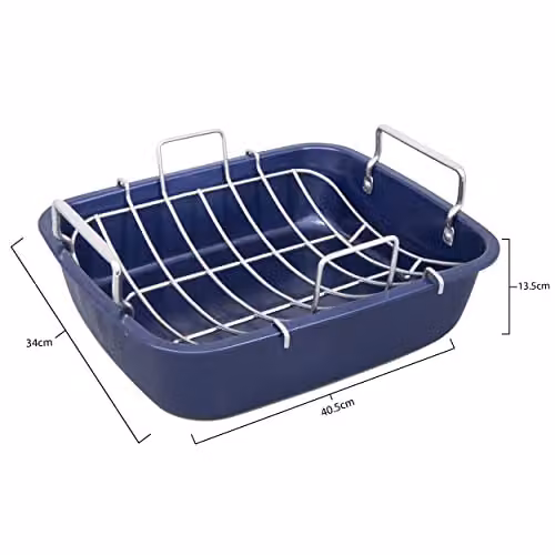 Zyliss Non-Stick Carbon Steel Rectangular Roasting Tin with Rack, Blue, W: 40.5 cm, D: 34.0 cm, H: 13.5 cm – 9
