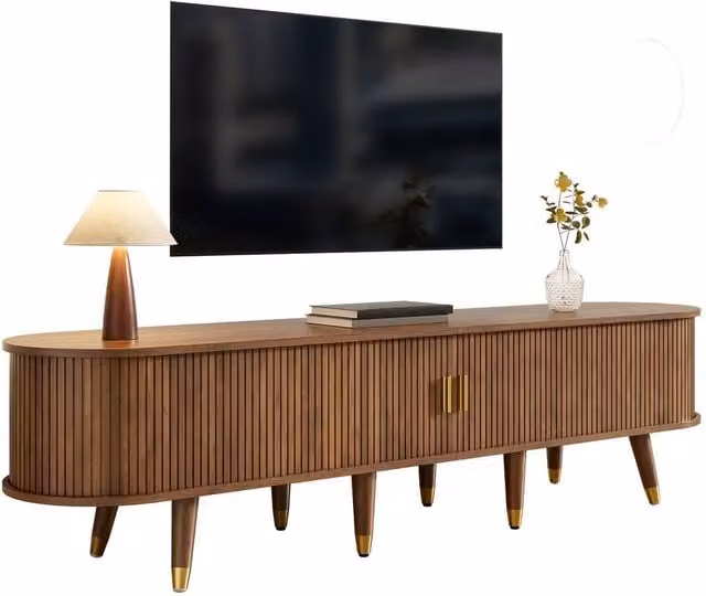 ModernLuxe Country-style TV cabinet with sliding door, shelves and drawers in Brown, W: 175.0 cm, H: 45.0 cm, D: 38.0 cm