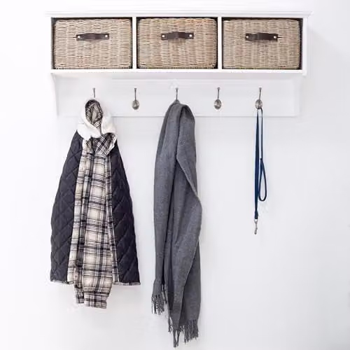 Statement Furniture Tetbury Wall Mounted Coat Rack with Hanging Shelf and Washable Storage Baskets in White and Brown – 1