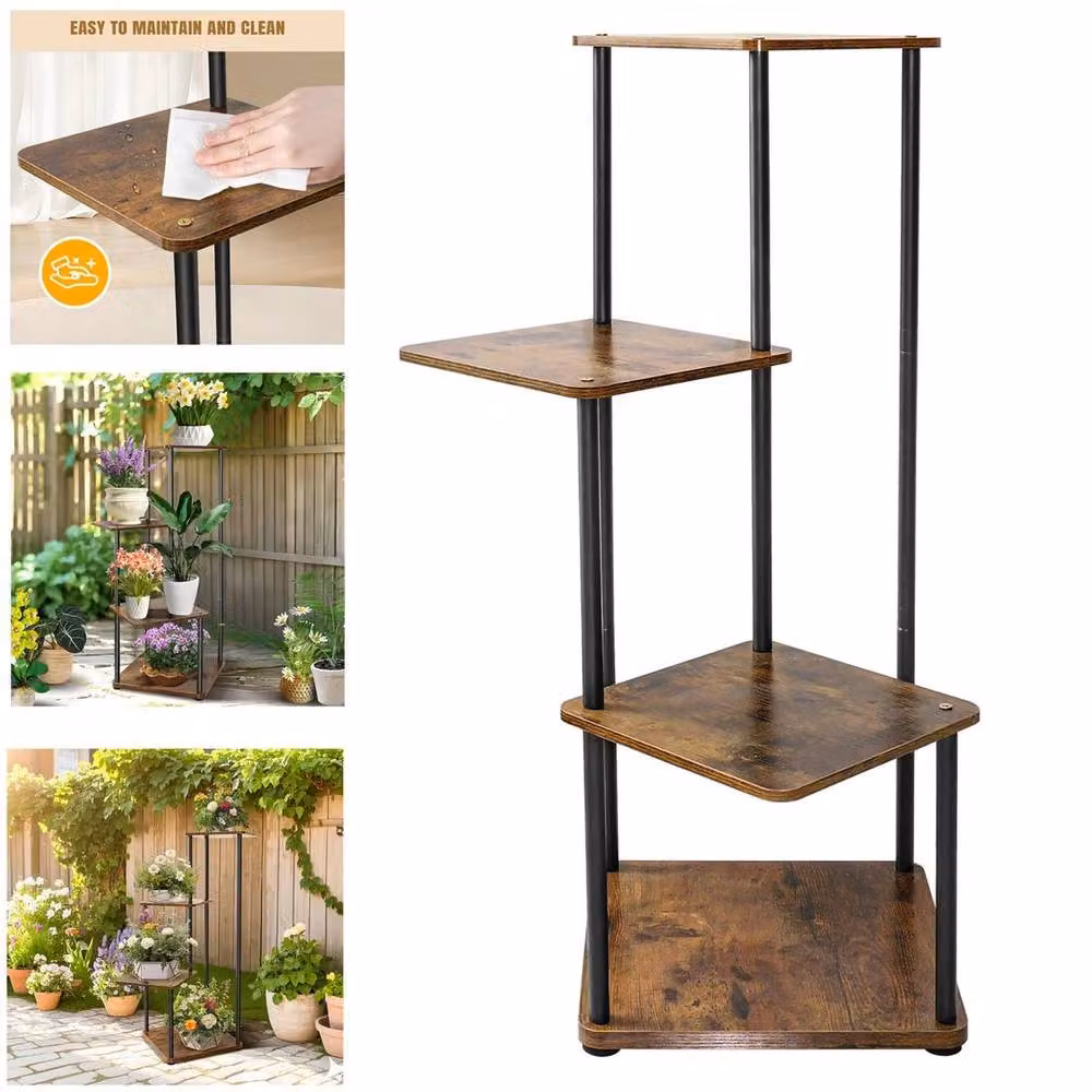 KORVIXA Industrial Metal and Wood Plant Stand in Brown, W/D/H: 80.5 x 30.0 x 53.0 cm – 3