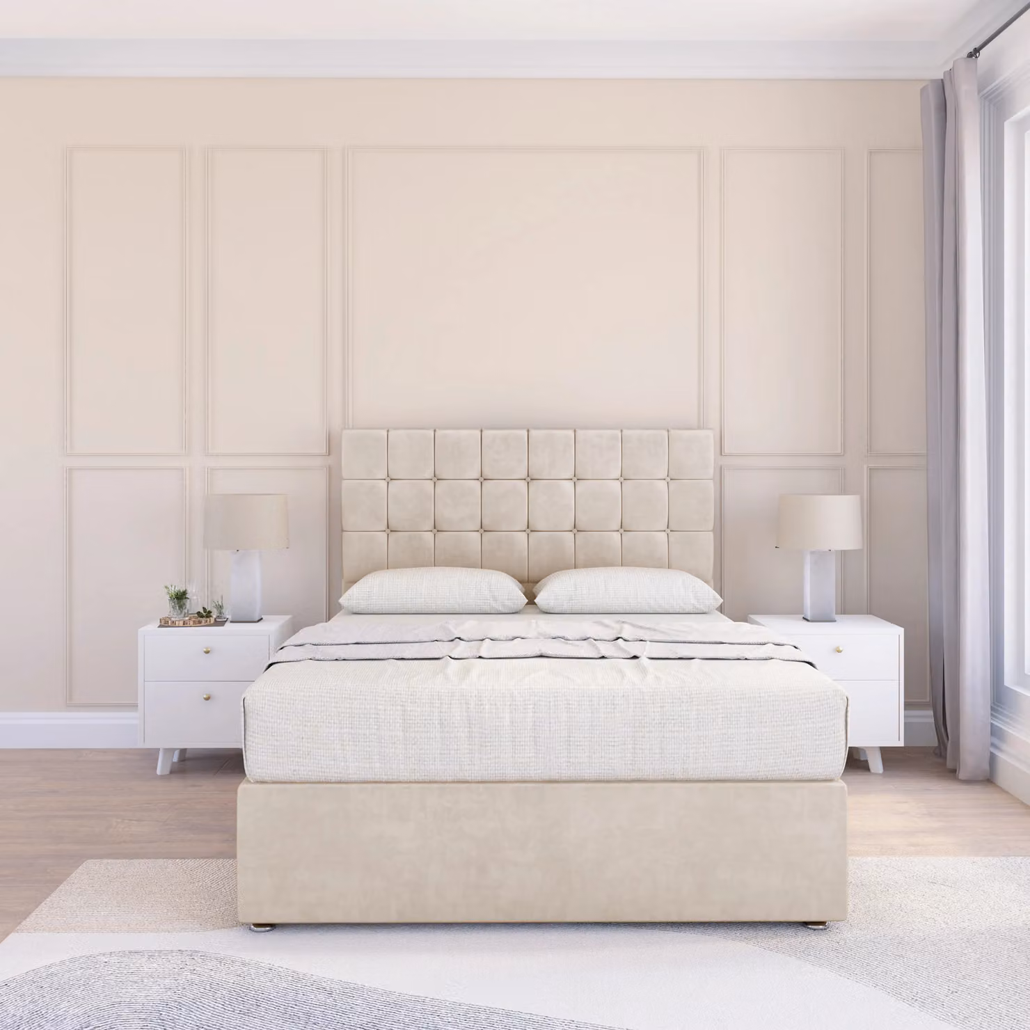 Sloomy Alabama Divan Bed Base with Floor Standing Headboard, Cream Fabric, Small Double, W/D/H: 120 x 200 cm