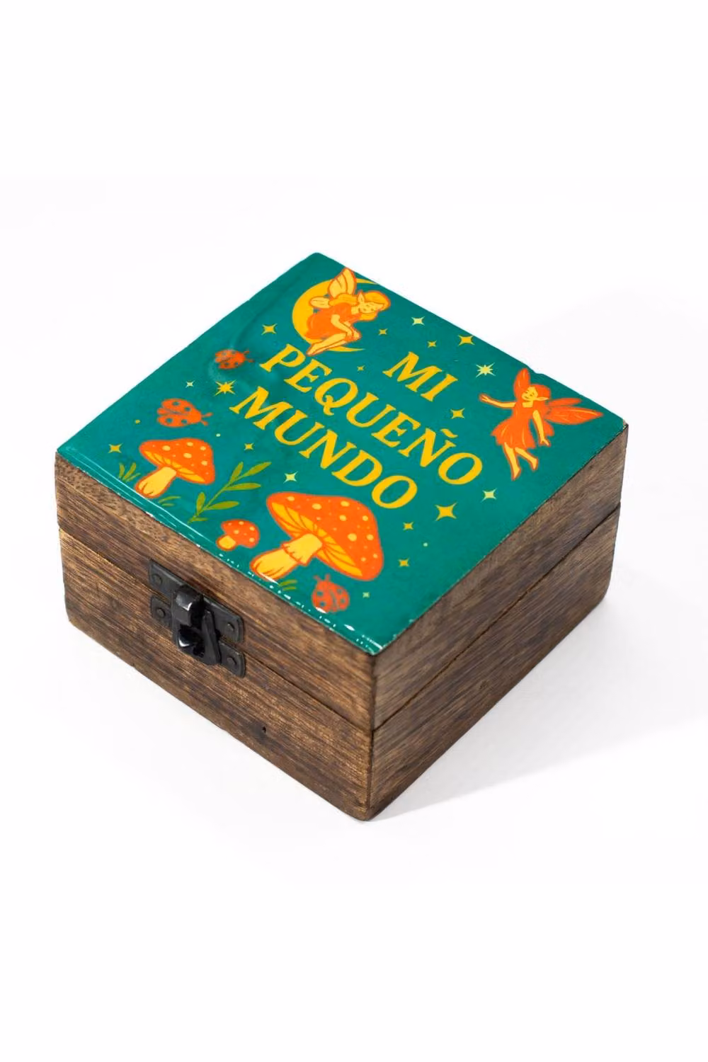 KDMD Mi Pequeño Mundo Enamelled Solid Mango Wood Keepsake Box with Lid in Brown, Petrol and Multicolour – 2