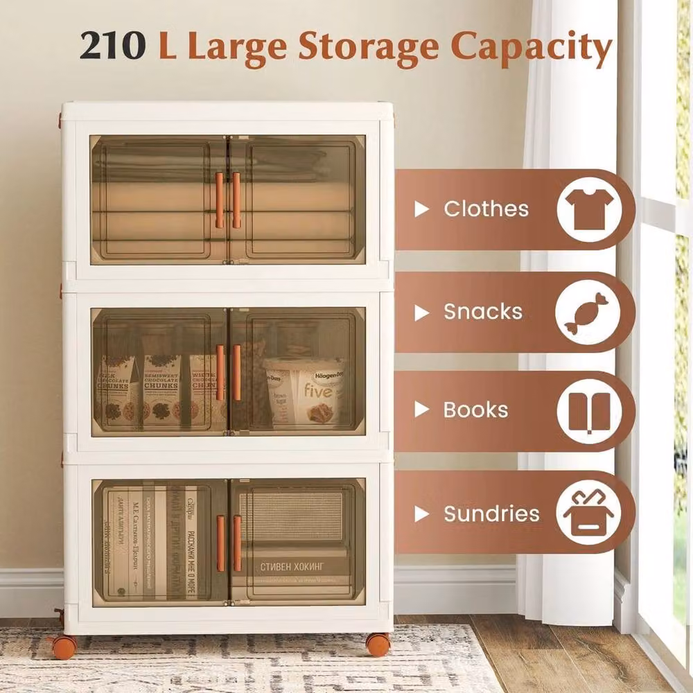 Kelvenix 3-Pack Stackable Plastic Storage Boxes with Handles and Wheels in Brown and White – 2