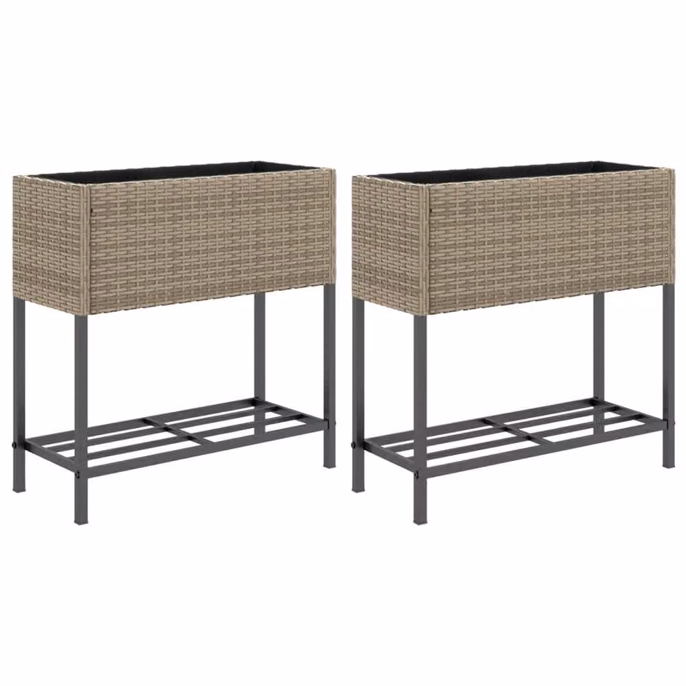 Berkfield Home Garden Planters with Shelf, 2 Piece Set, Grey Poly Rattan, W/D/H: 28 x 70 x 70 cm – 2