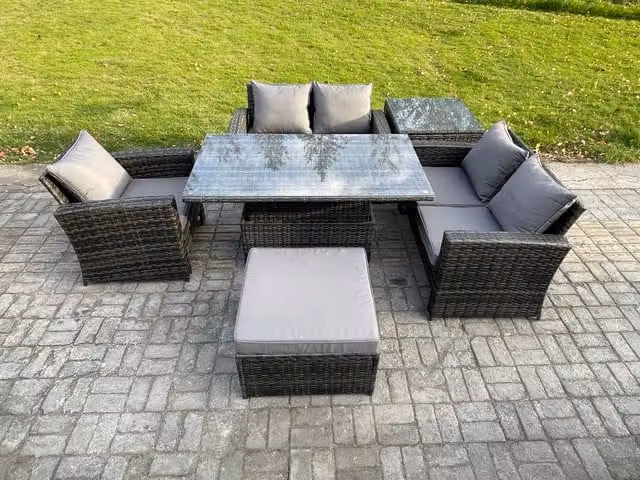 Fimous 6-Piece Rattan Outdoor Garden Furniture Set in Dark Grey with Height Adjustable Lifting Table and Footstool
