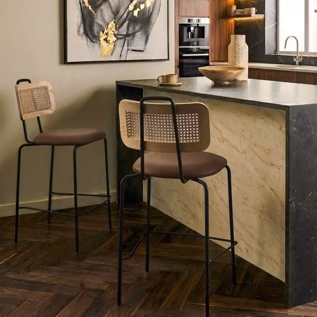 Wyld and Coco Set of 2 Brown Faux Leather Bar Chairs with PE Rattan Back – 1