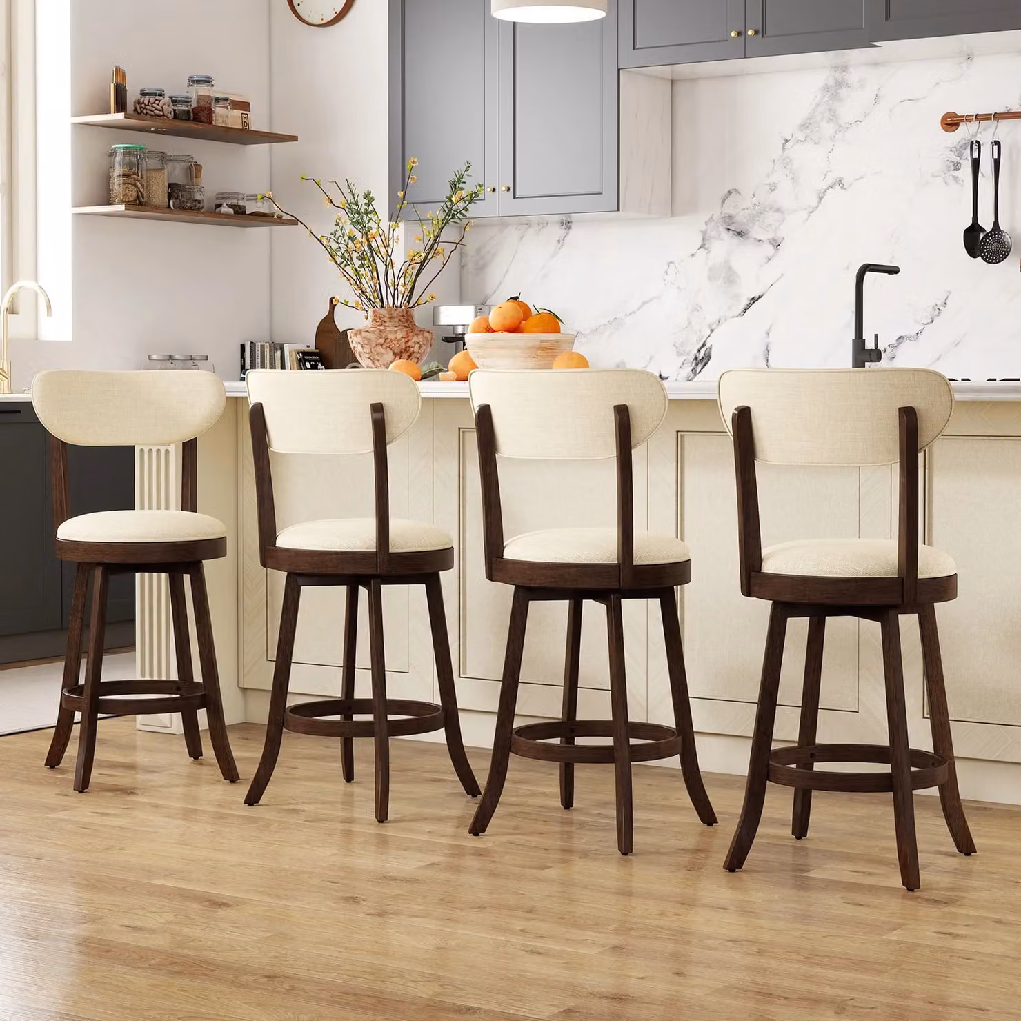 Costway Set of 2 Beige Fabric Swivel Counter Height Stools with Rubberwood Legs – 6