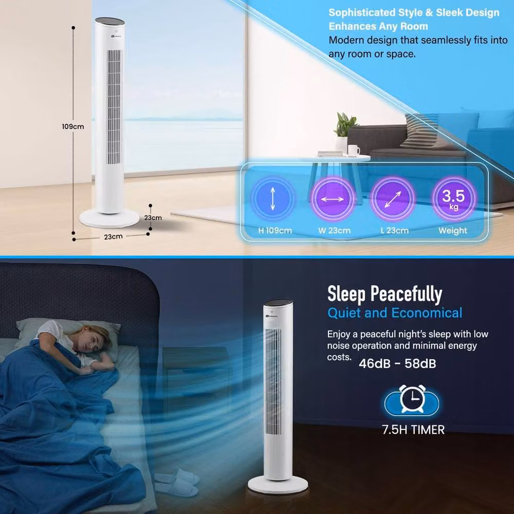 PureMate 43-Inch Oscillating Tower Fan with Remote Control, Timer and Sleep Mode, White – 6