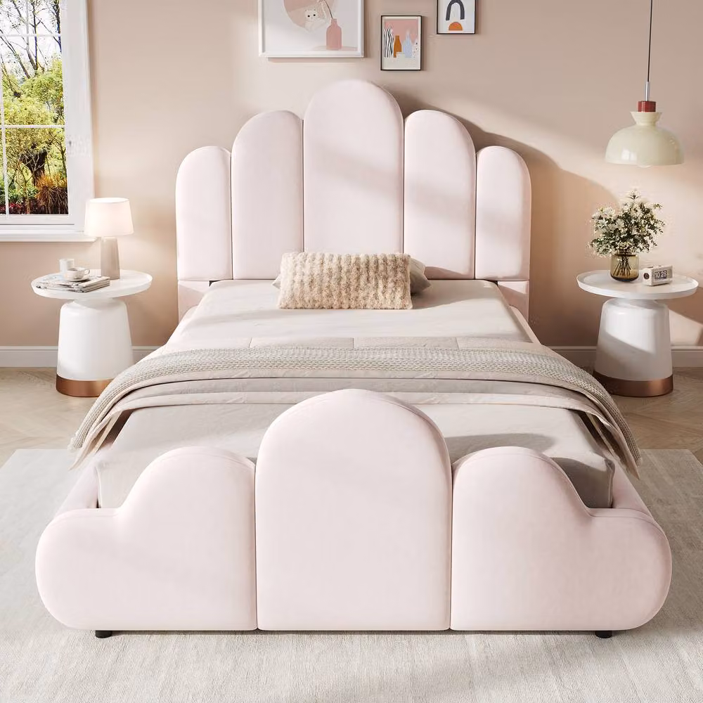 Rolipo Petal-Shaped Single Bed Frame in Blush Pink Velvet, W/D/H: 90 x 190 cm